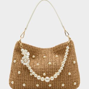 STRAW HOBO WITH PEARLS NATURAL